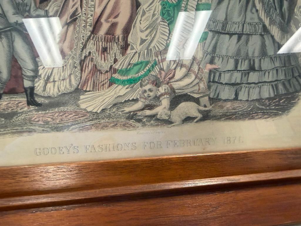 FOUR ANTIQUE FASHION PRINTS INCLUDING TWO HAND COLORED GODEY'S FASHIONS OF 1871 - 7