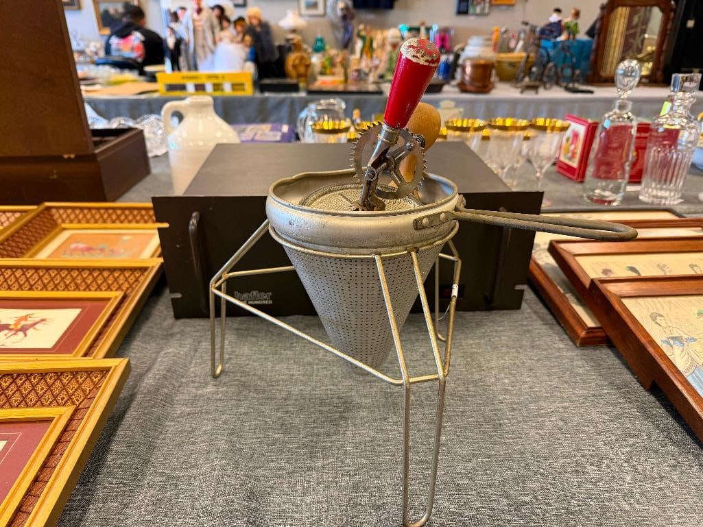 VINTAGE VIKO ALUMINUM FOOD STRAINER SET INCLUDING MIXER AND WOOD PESTLE - 2