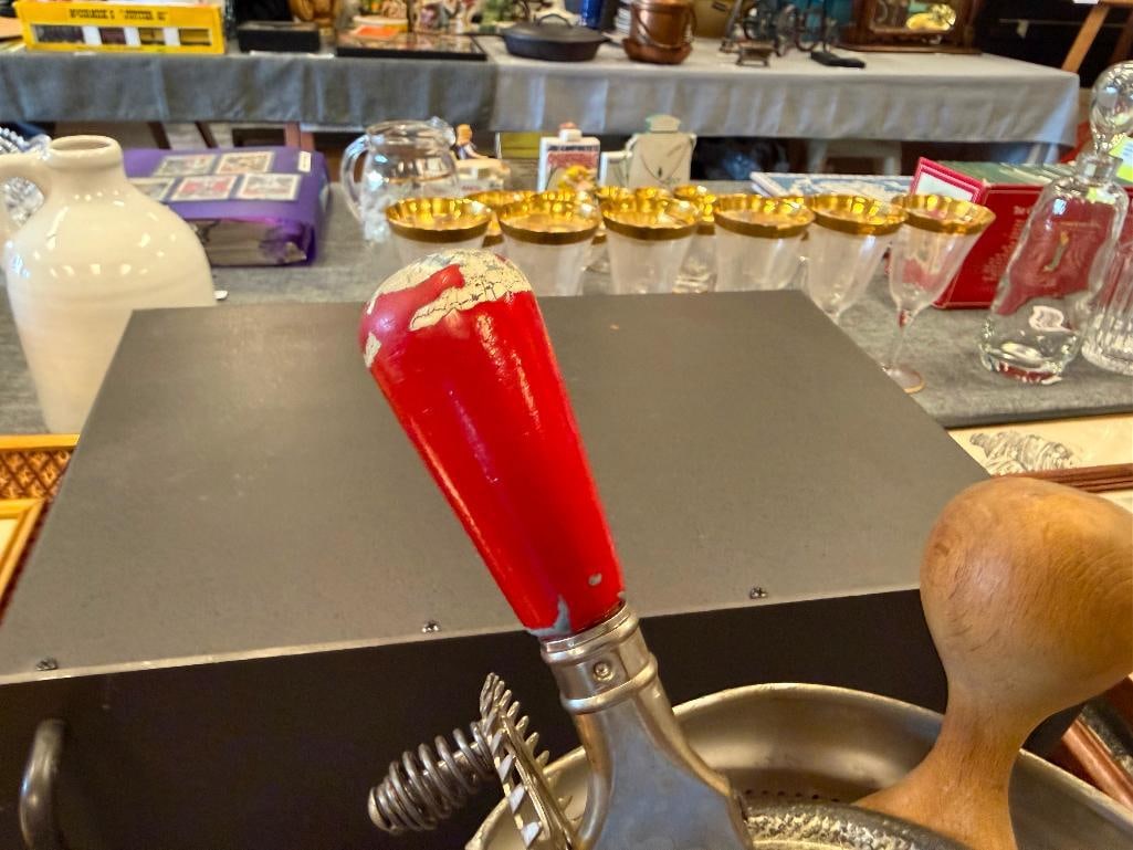 VINTAGE VIKO ALUMINUM FOOD STRAINER SET INCLUDING MIXER AND WOOD PESTLE - 5