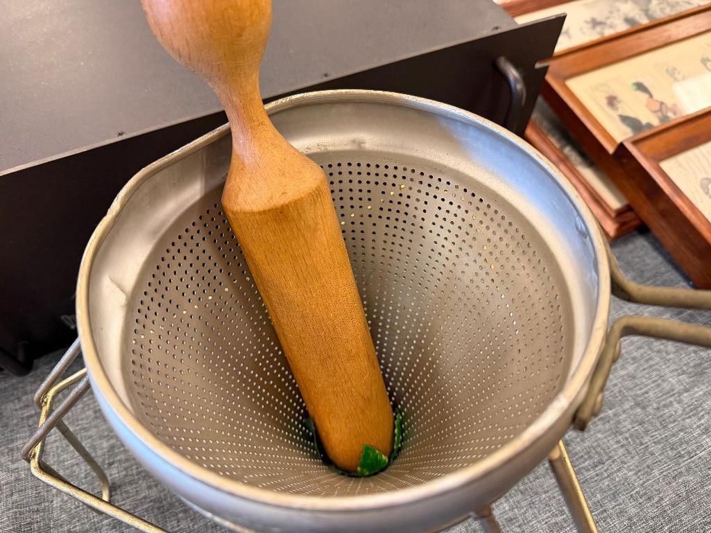 VINTAGE VIKO ALUMINUM FOOD STRAINER SET INCLUDING MIXER AND WOOD PESTLE - 6