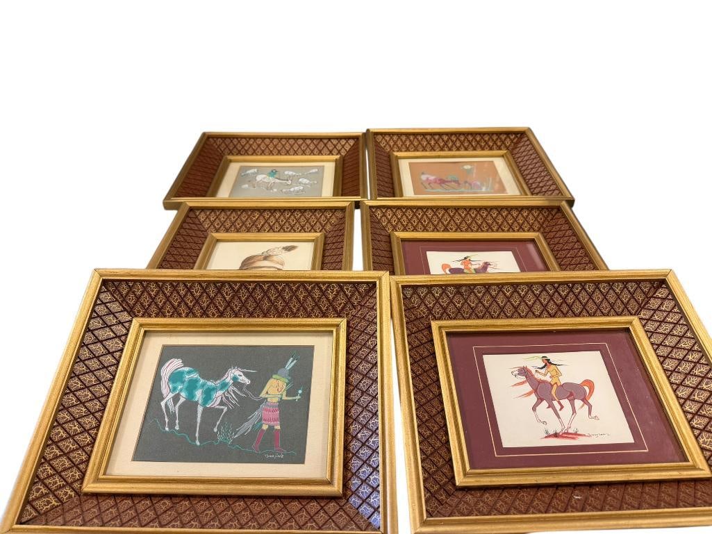 SET OF SIX ORIGINAL NAVAJO DINE ARTIST ANDREW VAN TSIHNAHJINNIE WATERCOLORS FEATURING NAVAJO SCENES: EACH IS FRAMED, SOME INCLUDES INK, ALL SIGNED BY ARTIST 12" X 10" FRAMES 