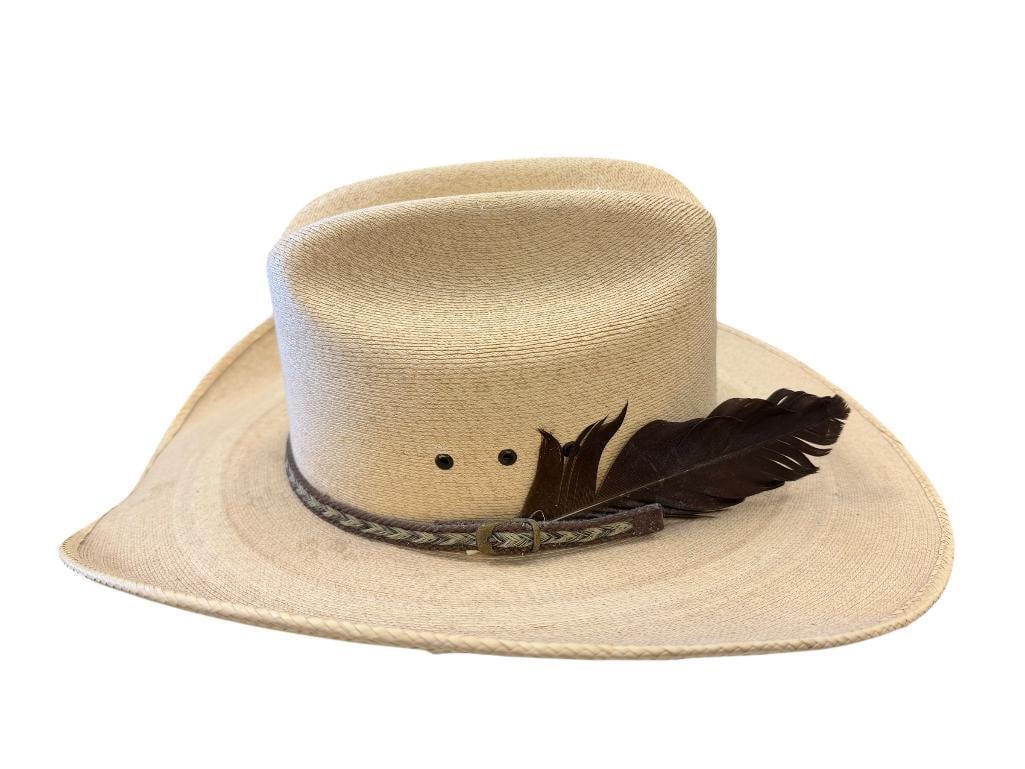 DOUBLE S PALMA EXTRA COMFORT COWBOY HAT WITH FEATHER AND HAT BAND: MADE IN MEXICO, CREAM COLORED STRAW HAT SIZE 7 1/2 
