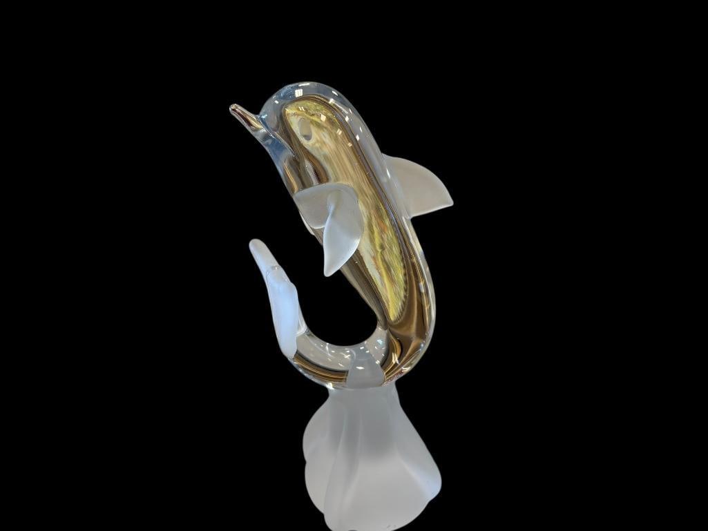 FROSTED AND CLEAR CRYSTAL SEA LIFE DOLPHIN FIGURINE SIGNED MIREAU: MIREAU CRYSTAL COMPANY, NO CHIPS OR CRACKS 9" H