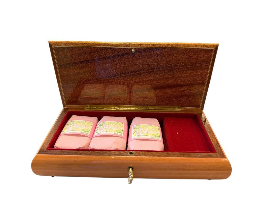 ELEGANT ITALIAN BEN RICKERT INC. INLAID WOOD MUSIC BOX WITH SOAP FEATURING FLORAL DESIGN: INCLUDES KEY, THREE BARS OF SOAP IN ORIGINAL PACKAGING, PLAYS MUSIC, GREAT CONDITION 10 1/2" X 5" X 3"