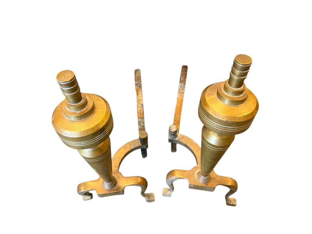 VINTAGE PACKARD MALLOY ART DECO BRASS FIREPLACE ANDIRONS: MARKED ON BASE OF EACH, PORTLAND, OREGON MADE 18" L X 17" H 