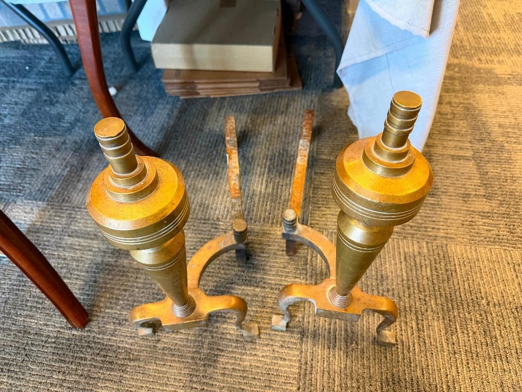 VINTAGE PACKARD MALLOY ART DECO BRASS FIREPLACE ANDIRONS - 2
