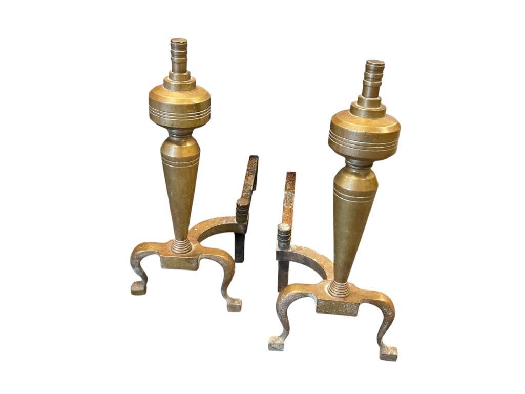 VINTAGE PACKARD MALLOY ART DECO BRASS FIREPLACE ANDIRONS - 9