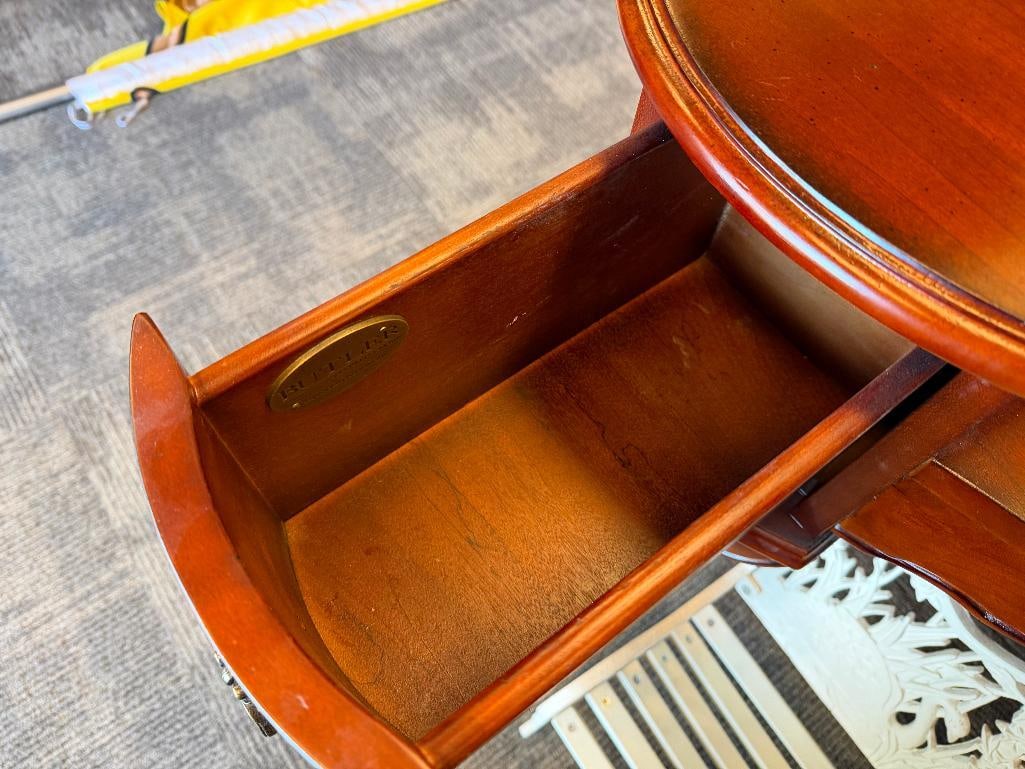 ELEGANT CHERRY STAINED WOOD CHILD'S VANITY BY BUTLER FURNITURE WITH OVAL BEVELED GLASS MIRROR - 12