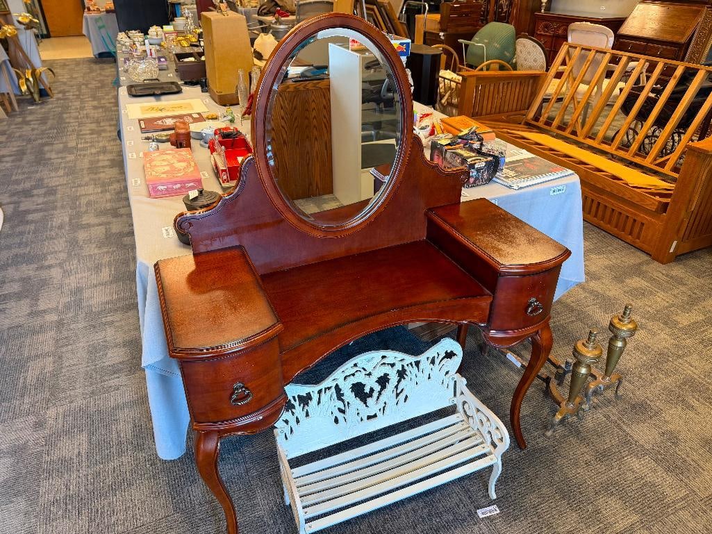 ELEGANT CHERRY STAINED WOOD CHILD'S VANITY BY BUTLER FURNITURE WITH OVAL BEVELED GLASS MIRROR - 2