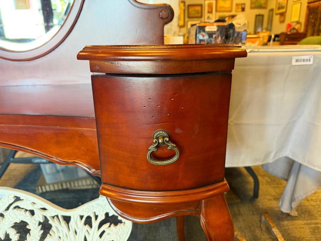 ELEGANT CHERRY STAINED WOOD CHILD'S VANITY BY BUTLER FURNITURE WITH OVAL BEVELED GLASS MIRROR - 4