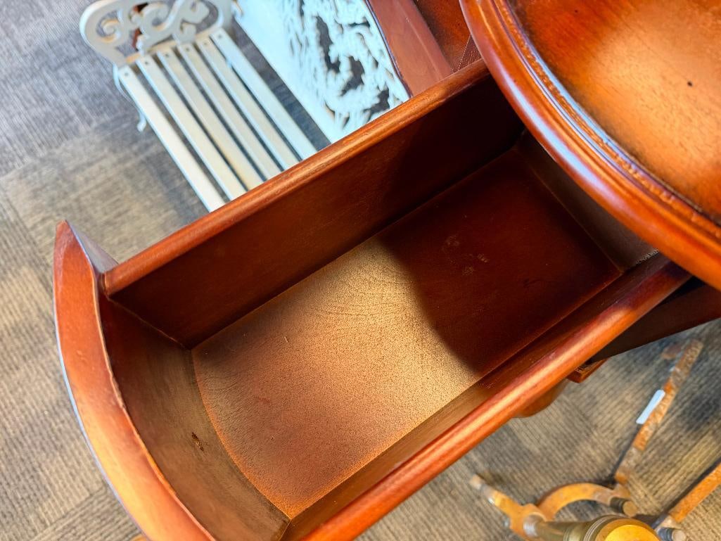 ELEGANT CHERRY STAINED WOOD CHILD'S VANITY BY BUTLER FURNITURE WITH OVAL BEVELED GLASS MIRROR - 6