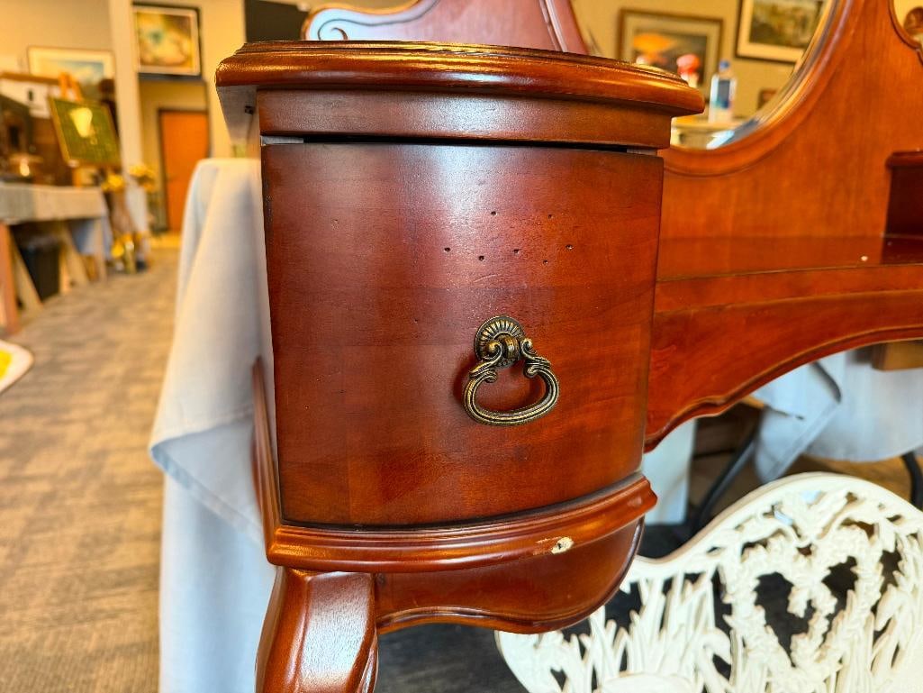 ELEGANT CHERRY STAINED WOOD CHILD'S VANITY BY BUTLER FURNITURE WITH OVAL BEVELED GLASS MIRROR - 9