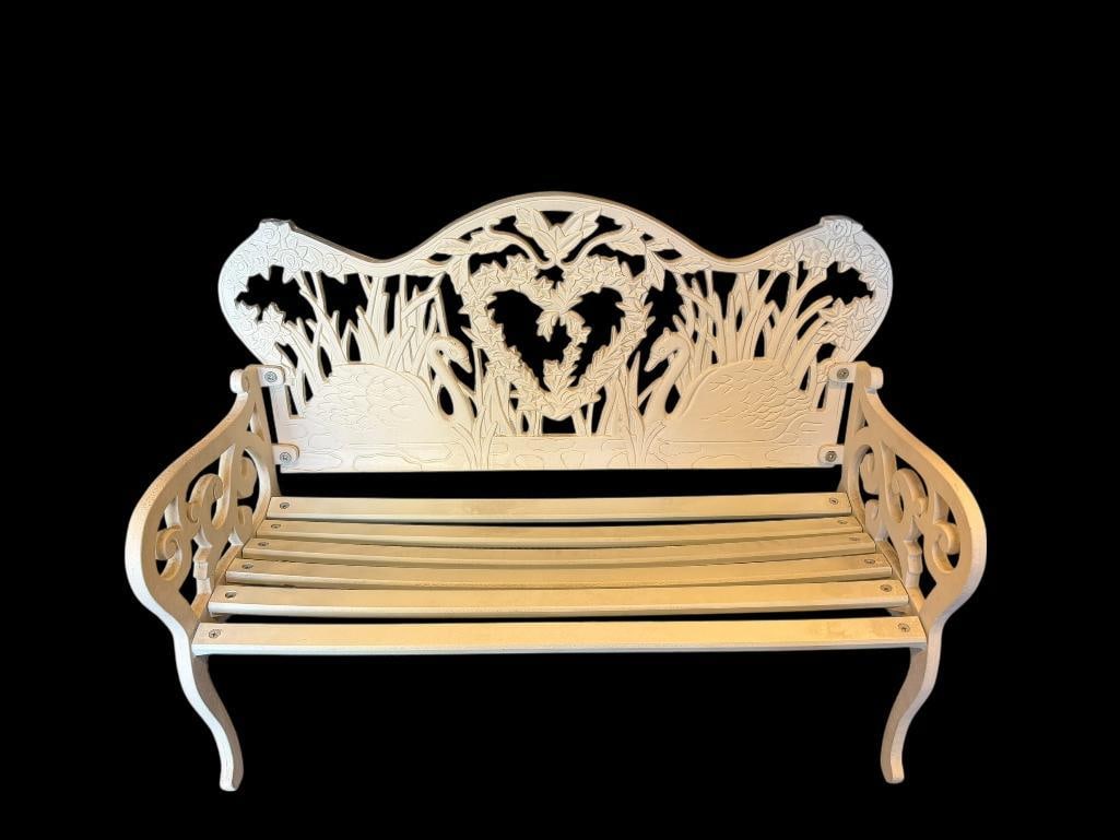 GOEBEL WHITE PAINTED CAST IRON AND WOOD SLAT CHILDS GARDEN BENCH WITH SWAN, HEART, AND FLORAL DES...: GOOD CONDITION 24" X 11" X 18", 7" SEAT HEIGHT