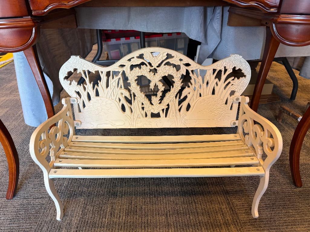 GOEBEL WHITE PAINTED CAST IRON AND WOOD SLAT CHILDS GARDEN BENCH WITH SWAN, HEART, AND FLORAL DES... - 2