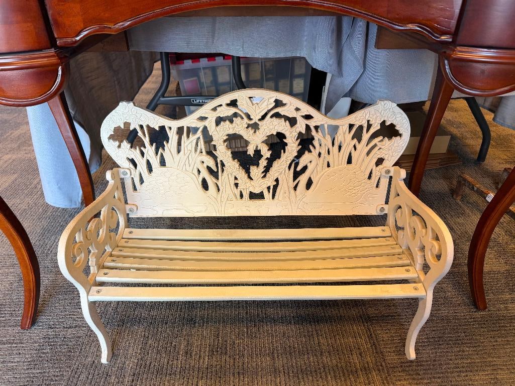 GOEBEL WHITE PAINTED CAST IRON AND WOOD SLAT CHILDS GARDEN BENCH WITH SWAN, HEART, AND FLORAL DES... - 3