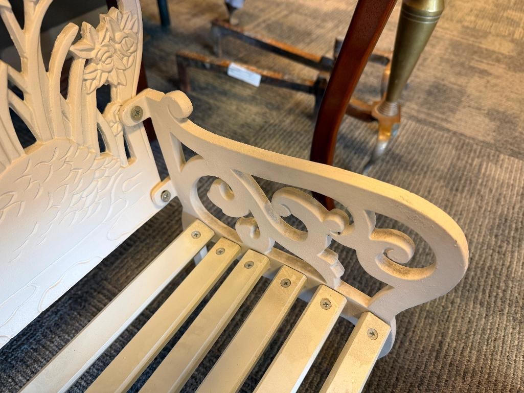 GOEBEL WHITE PAINTED CAST IRON AND WOOD SLAT CHILDS GARDEN BENCH WITH SWAN, HEART, AND FLORAL DES... - 4