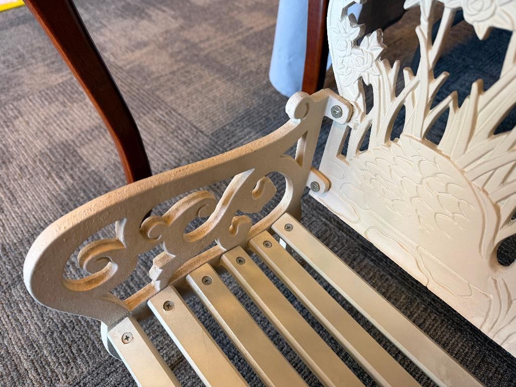 GOEBEL WHITE PAINTED CAST IRON AND WOOD SLAT CHILDS GARDEN BENCH WITH SWAN, HEART, AND FLORAL DES... - 5