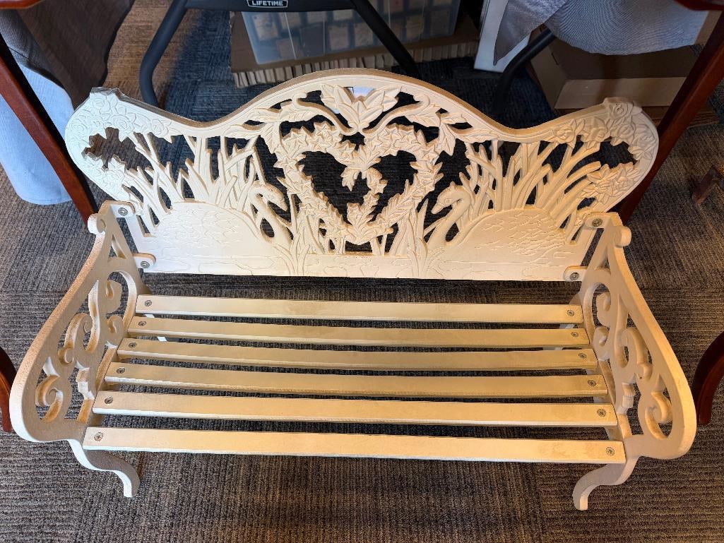 GOEBEL WHITE PAINTED CAST IRON AND WOOD SLAT CHILDS GARDEN BENCH WITH SWAN, HEART, AND FLORAL DES... - 6