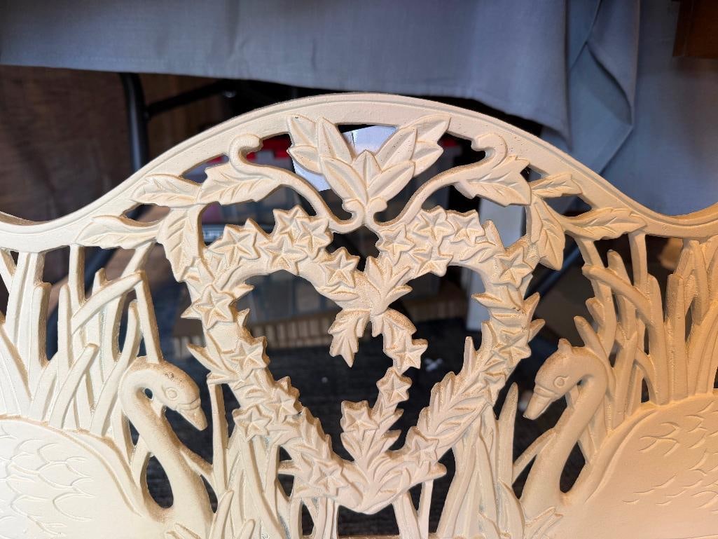 GOEBEL WHITE PAINTED CAST IRON AND WOOD SLAT CHILDS GARDEN BENCH WITH SWAN, HEART, AND FLORAL DES... - 7