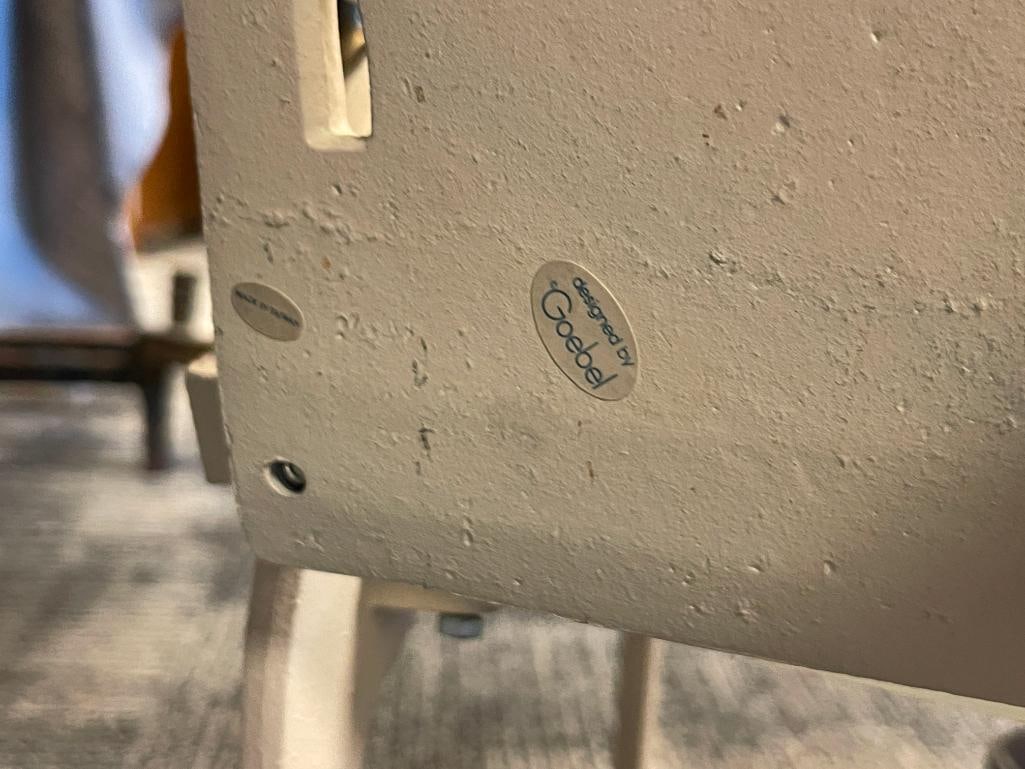 GOEBEL WHITE PAINTED CAST IRON AND WOOD SLAT CHILDS GARDEN BENCH WITH SWAN, HEART, AND FLORAL DES... - 8