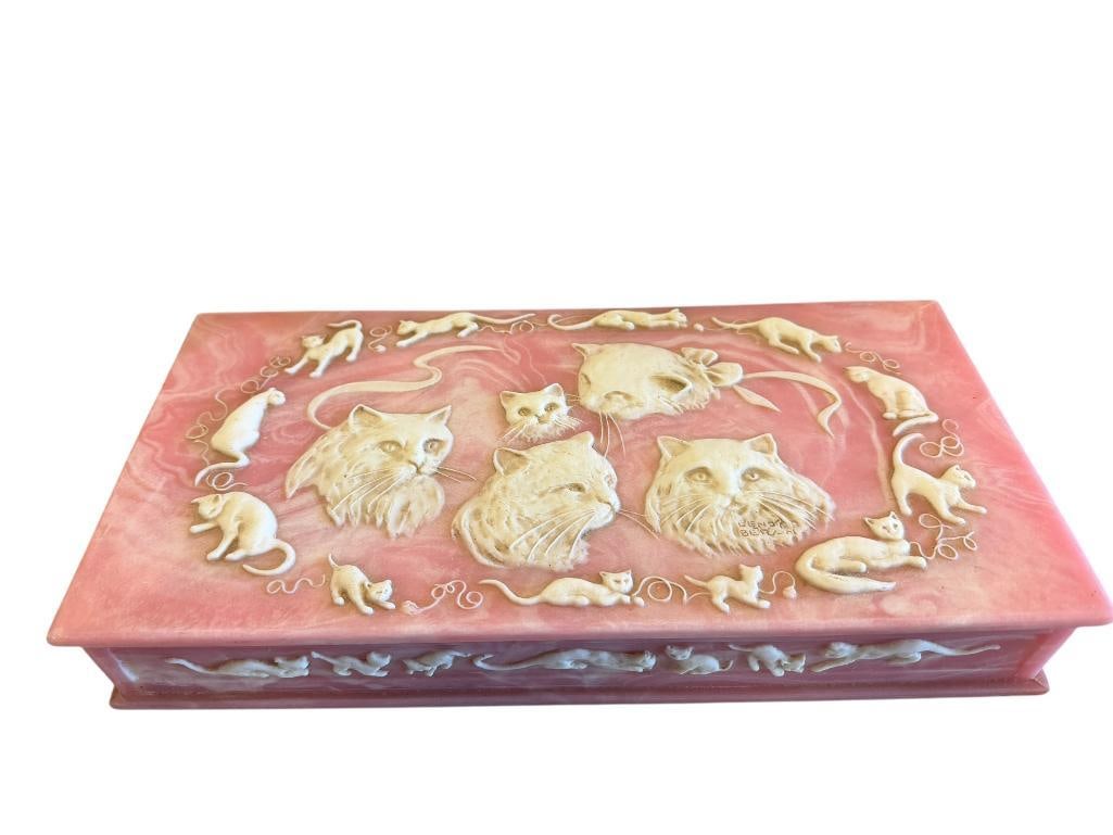 HANDCRAFTED GENUINE INCOLAY STONE KITTY KAPERS JEWELRY VANITY CASE DESIGNED BY LENORE BERAN: FELT LINED, LABEL INSIDE, NO CHIPS OR CRACKS, GOOD CONDITION 14" X 7" X 2 1/4" 