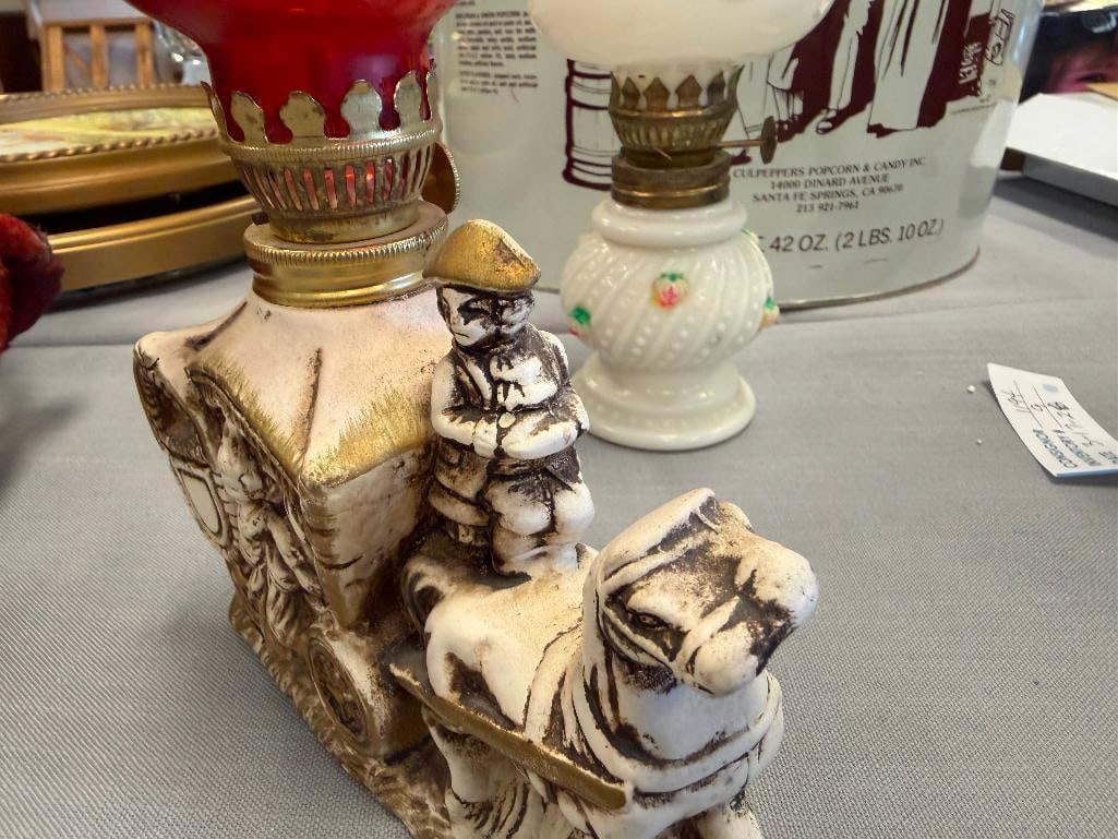 VINTAGE CERAMIC FIGURAL HORSE AND CARRIAGE OIL LAMP AND ENESCO MILK GLASS HONG KONG MADE OIL LAMP - 4