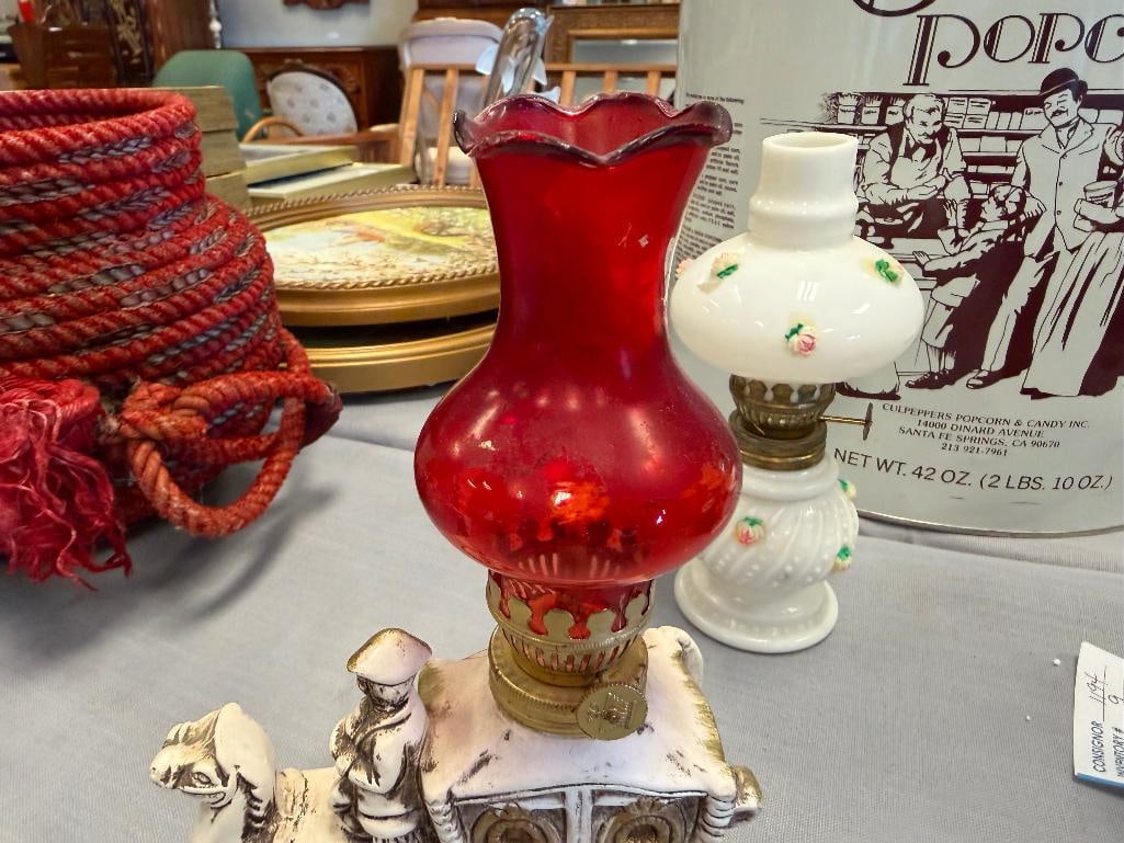 VINTAGE CERAMIC FIGURAL HORSE AND CARRIAGE OIL LAMP AND ENESCO MILK GLASS HONG KONG MADE OIL LAMP - 6