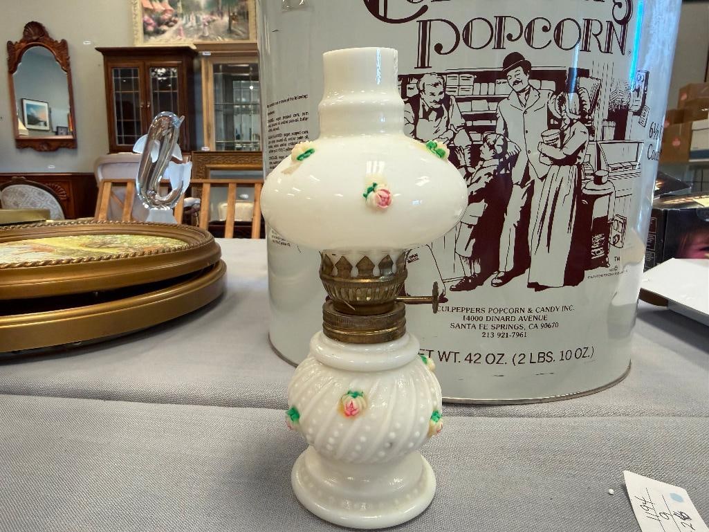 VINTAGE CERAMIC FIGURAL HORSE AND CARRIAGE OIL LAMP AND ENESCO MILK GLASS HONG KONG MADE OIL LAMP - 8