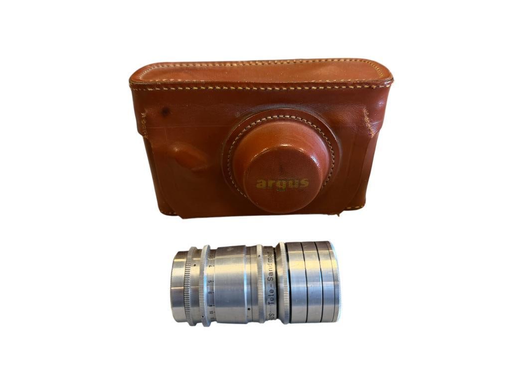 VINTAGE ARGUS C3 RANGEFINDER 35MM CAMERA WITH ARGUS TELE-SANDMAR 100MM LENS: INCLUDES LEATHER CASE FOR CAMERA, CIRCA 1950'S, GOOD CONDITION