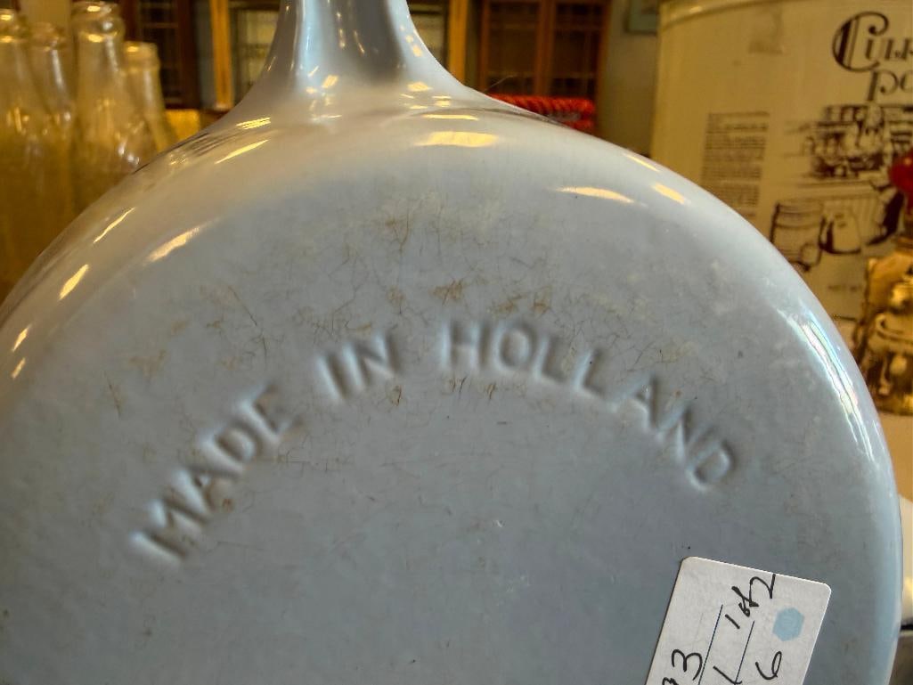 VINTAGE DUTCH DRU HOLLAND MADE ENAMELED CAST IRON KITCHENWARE INCLUDING SKILLET AND SAUCE PAN - 10