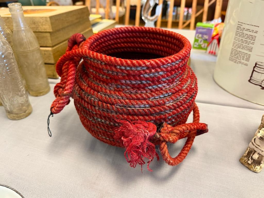 VINTAGE HANDMADE WESTERN COILED ROPE RED BASKET / VASE - 10