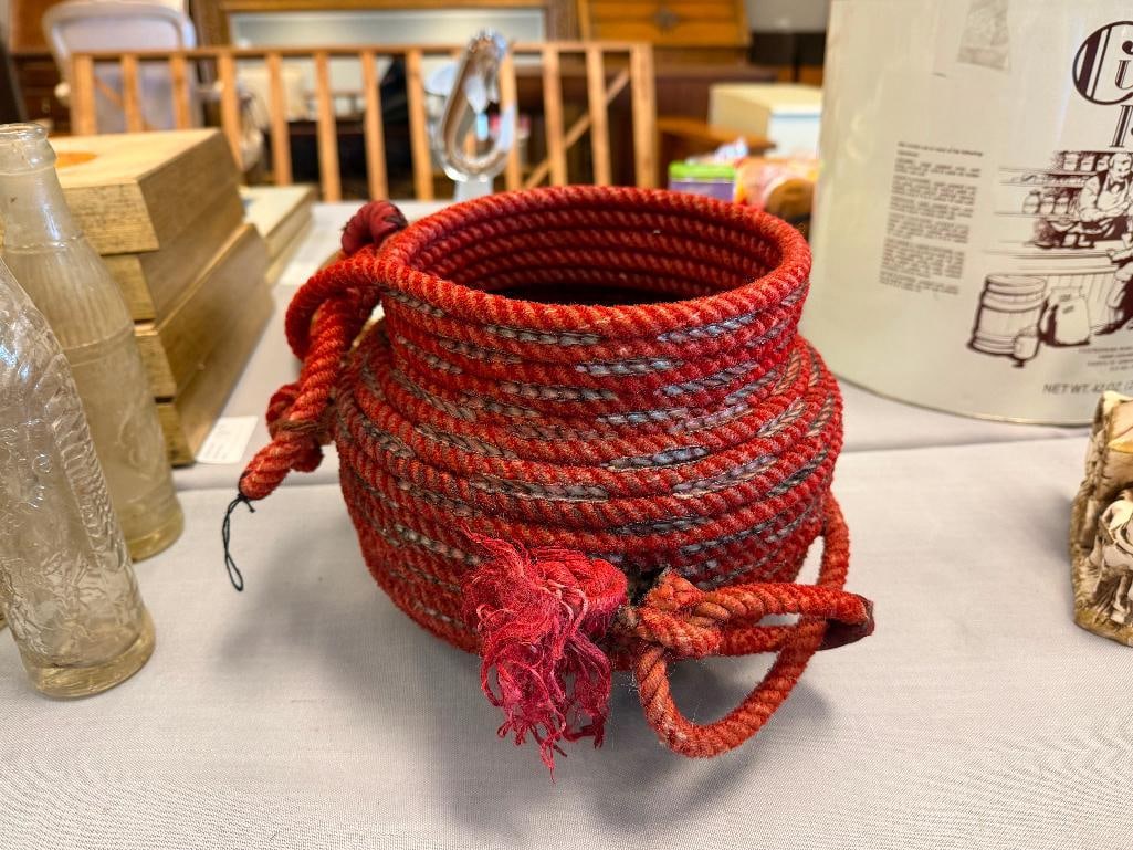 VINTAGE HANDMADE WESTERN COILED ROPE RED BASKET / VASE - 2