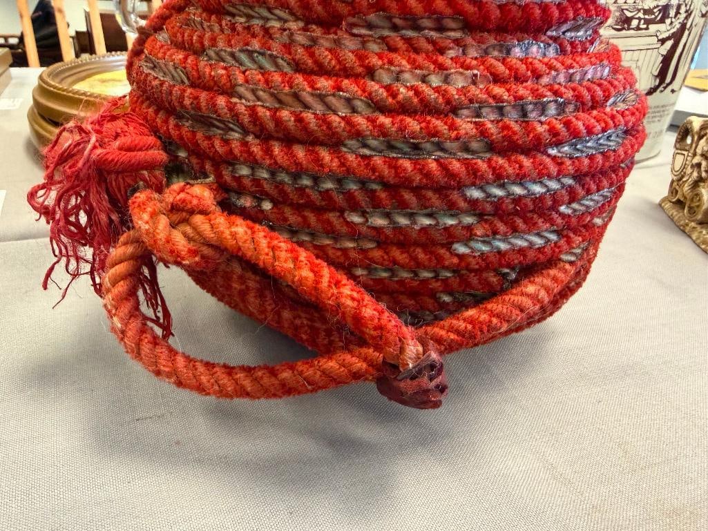 VINTAGE HANDMADE WESTERN COILED ROPE RED BASKET / VASE - 3