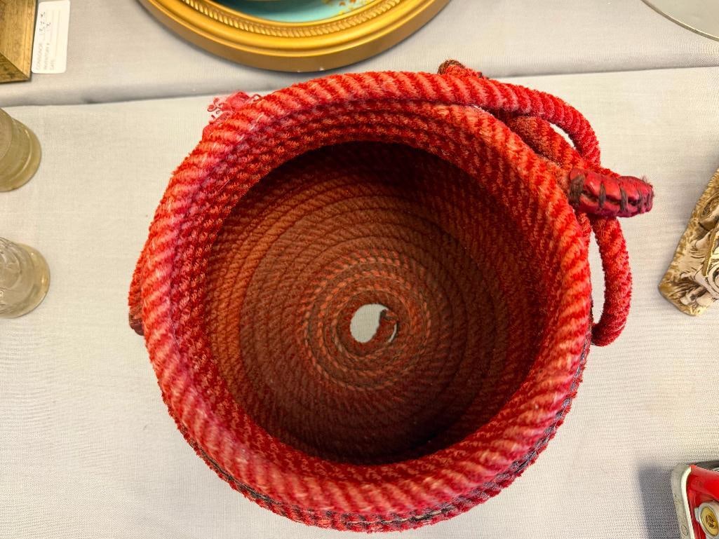 VINTAGE HANDMADE WESTERN COILED ROPE RED BASKET / VASE - 5