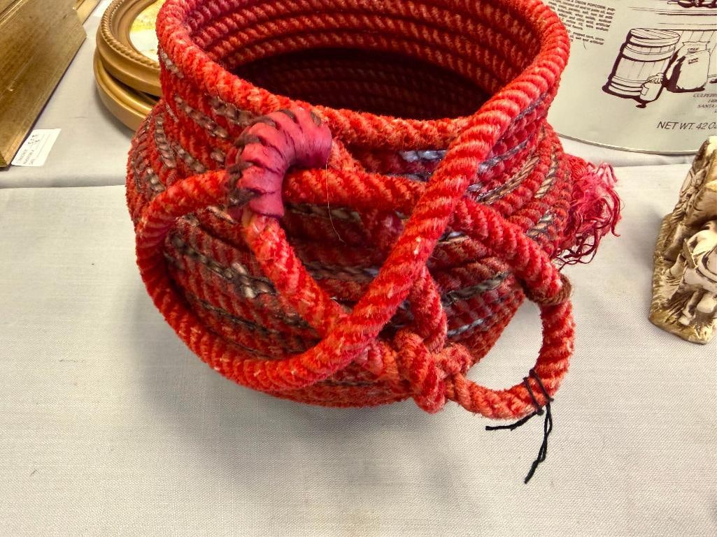 VINTAGE HANDMADE WESTERN COILED ROPE RED BASKET / VASE - 8