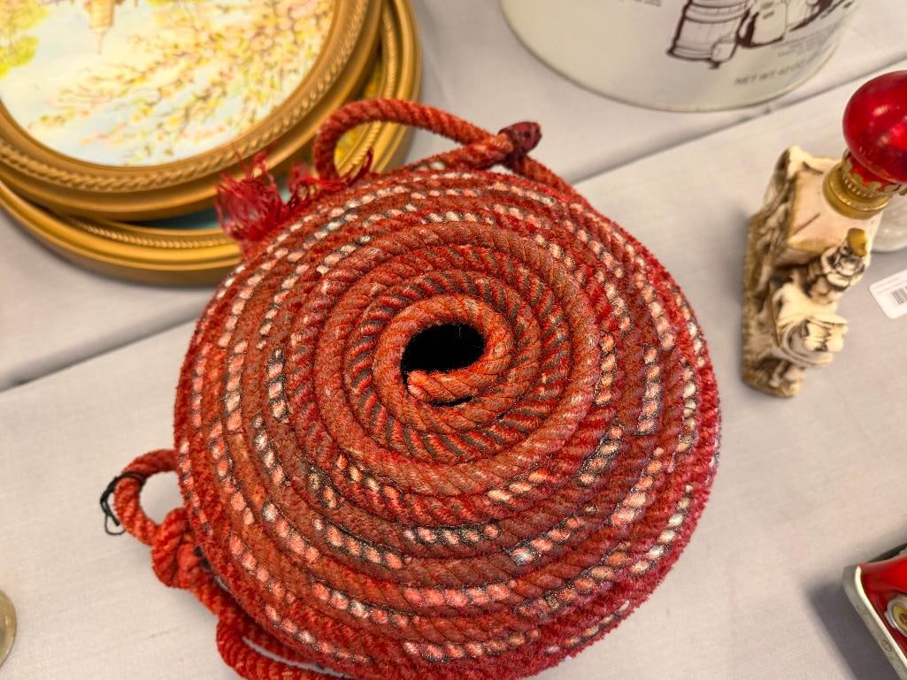 VINTAGE HANDMADE WESTERN COILED ROPE RED BASKET / VASE - 9