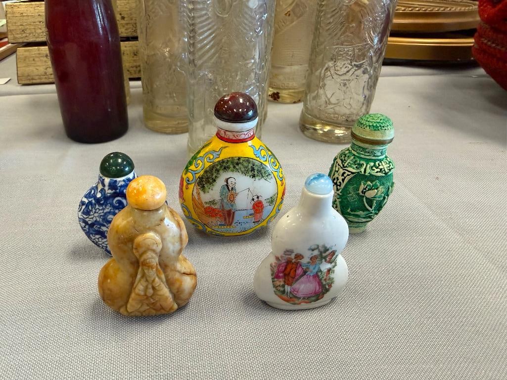 FIVE COLLECTIBLE SNUFF BOTTLES INCLUDES CARVED STONES, HAND PAINTED PORCELAIN, CHINESE PEKING GLASS - 2