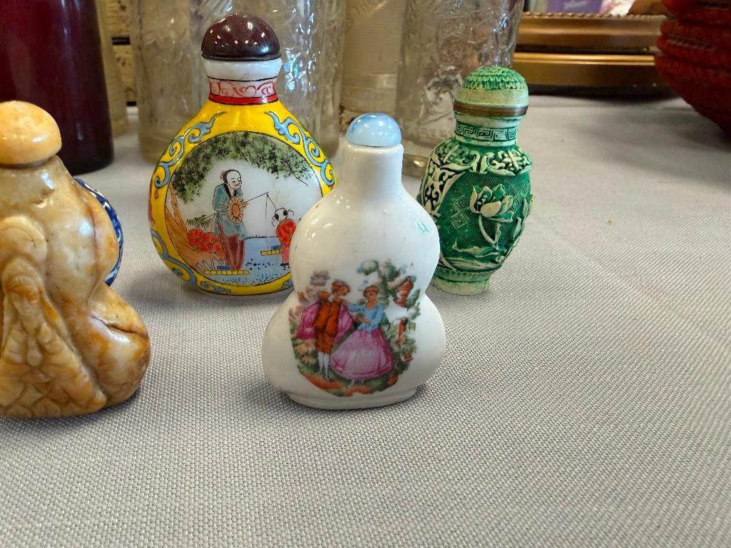 FIVE COLLECTIBLE SNUFF BOTTLES INCLUDES CARVED STONES, HAND PAINTED PORCELAIN, CHINESE PEKING GLASS - 3