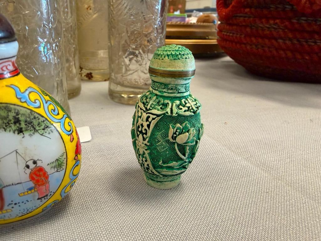 FIVE COLLECTIBLE SNUFF BOTTLES INCLUDES CARVED STONES, HAND PAINTED PORCELAIN, CHINESE PEKING GLASS - 4