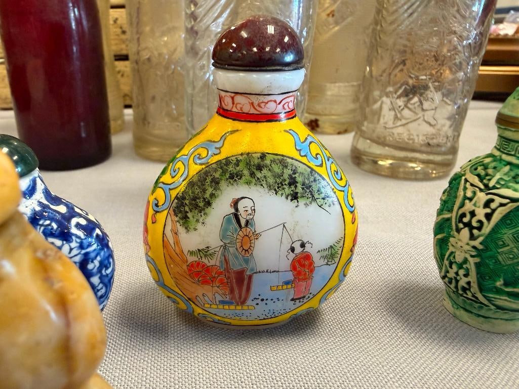 FIVE COLLECTIBLE SNUFF BOTTLES INCLUDES CARVED STONES, HAND PAINTED PORCELAIN, CHINESE PEKING GLASS - 5