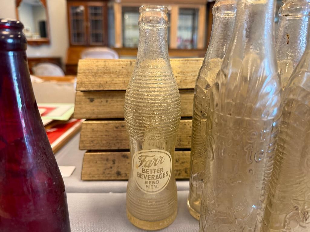 VINTAGE 1940'S SODA POP GLASS BOTTLES INCLUDING SILVER STATE RENO, FARR, TAHOE, AND CRANBERRY GLASS - 5