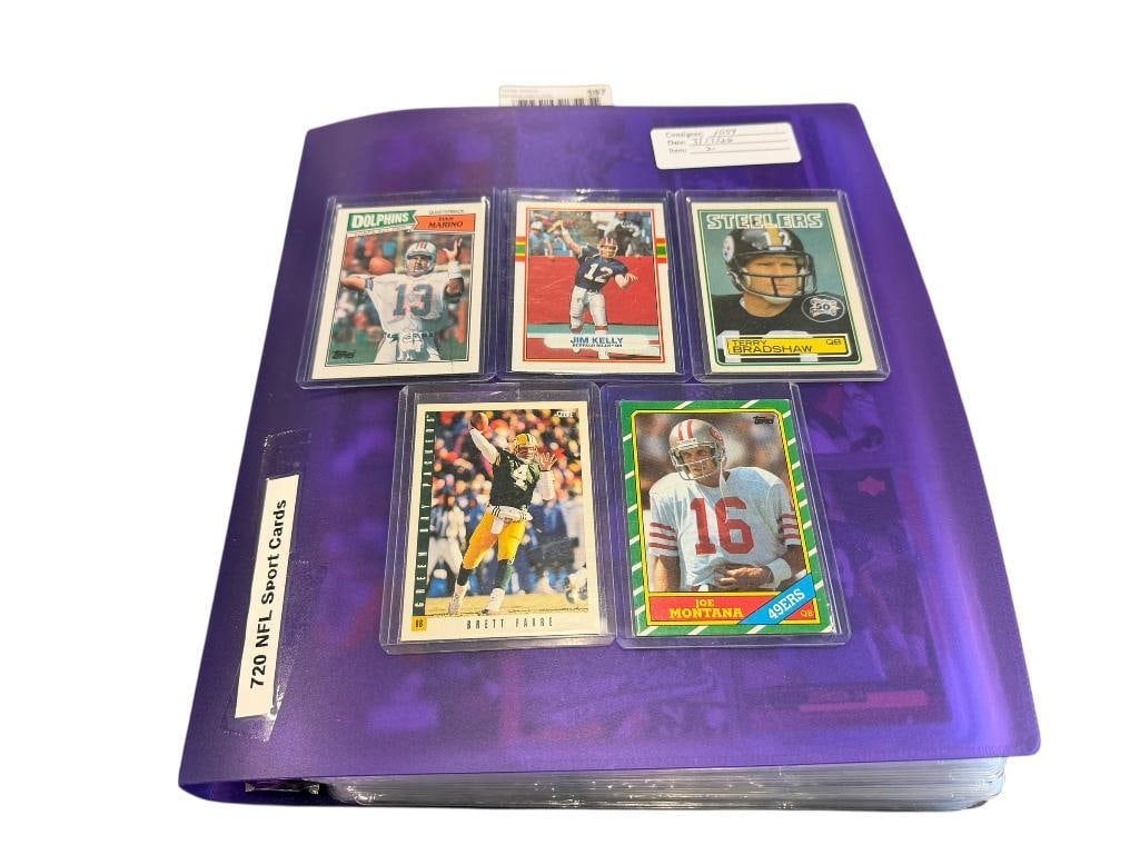 720 NFL SPORTS CARDS INCLUDING LEGENDS LIKE JOE MONTANA, BRETT FAVRE, DAN MARINO, AND TERRY BRADS...: MOST CARDS ARE FROM THE 1990'S, IN BINDER