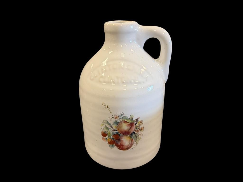 VINTAGE HARRIS POTTERIES CLINTON CHINA STONEWARE JUG FEATURING FRUIT PATTERN: NO CHIPS OR CRACKS 9" H