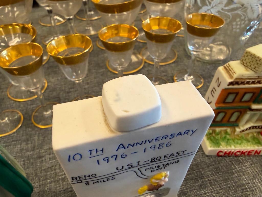 SIX MINIATURE BROTHEL LIQUOR DECANTERS INCLUDING CHICKEN RANCH, JOE CONFORTE'S MUSTANG RANCH, ETC. - 8