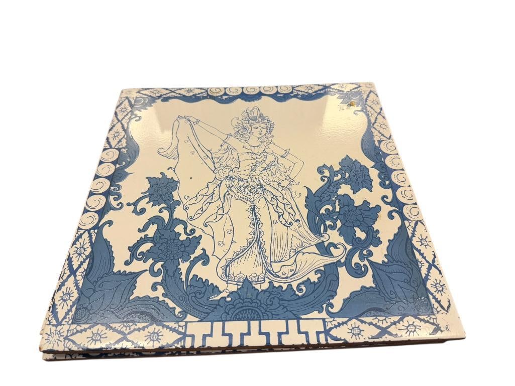 THREE ARWANA BLUE AND WHITE THAILAND MADE DEWI SARASWATI ARCHITECTURAL CLAY TILES: FEATURING DEWI SARASWATI THE GODDESS OF ARTS AND WISDOM
