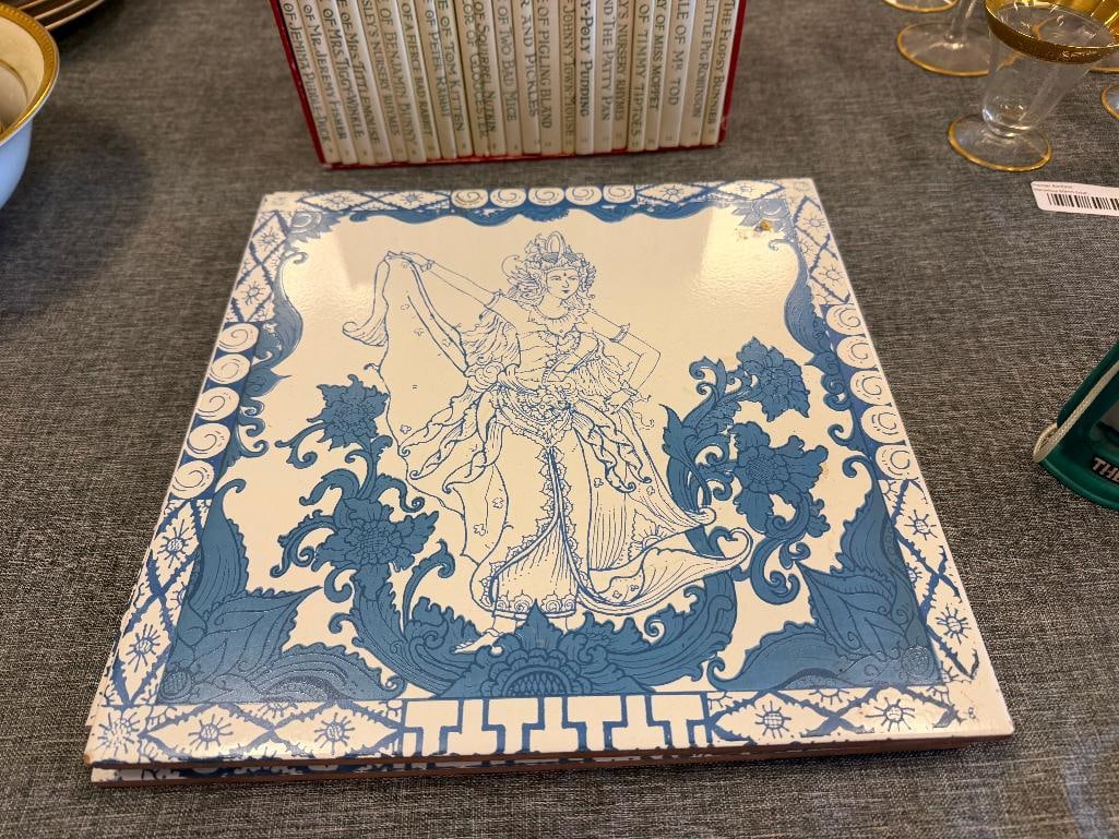 THREE ARWANA BLUE AND WHITE THAILAND MADE DEWI SARASWATI ARCHITECTURAL CLAY TILES - 2