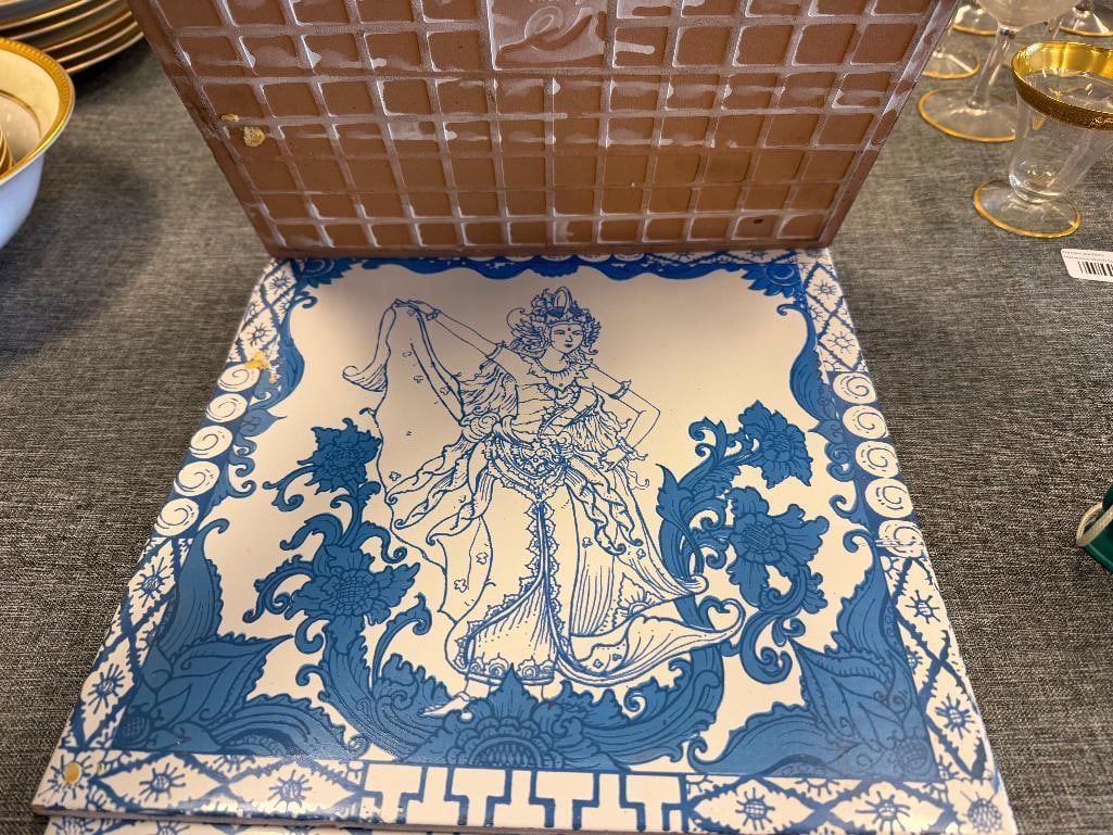 THREE ARWANA BLUE AND WHITE THAILAND MADE DEWI SARASWATI ARCHITECTURAL CLAY TILES - 3