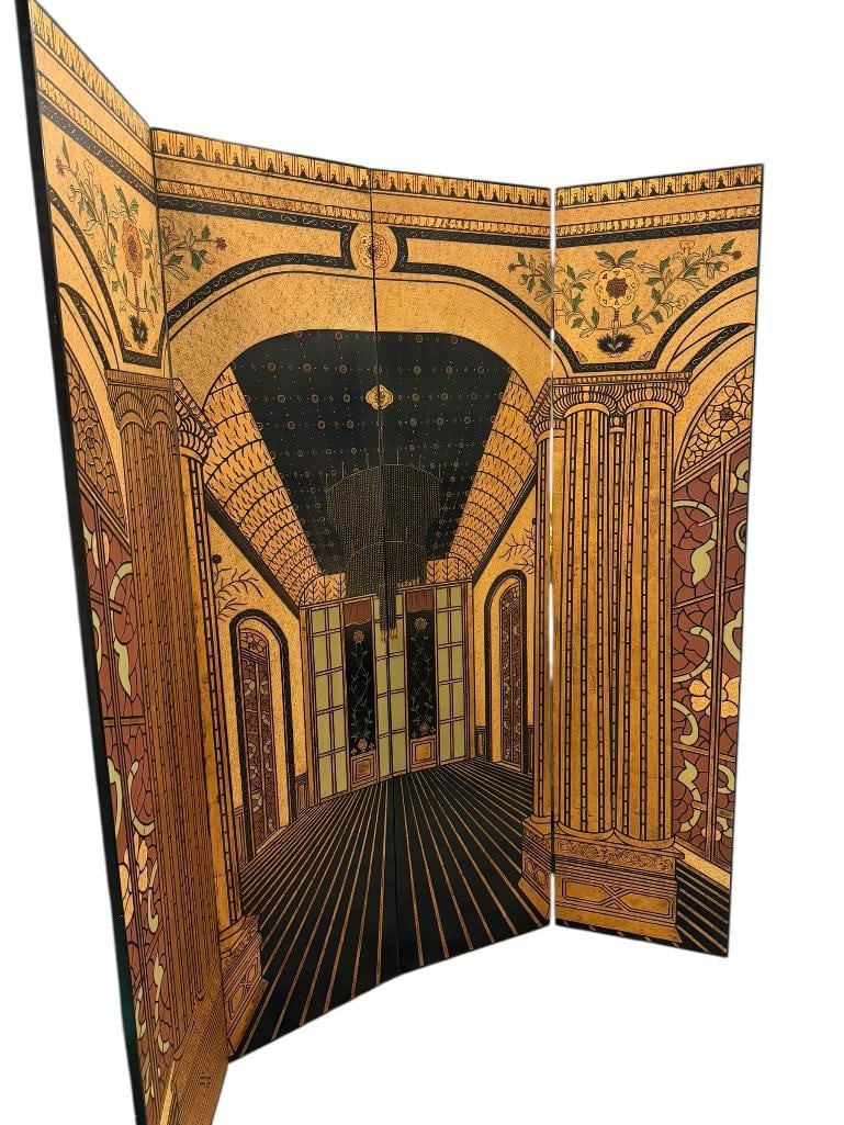 ELEGANT ART DECOR FOUR PANEL ARCHITECTURAL ILLUSION FOLDING ROOM SCREEN: FEATURING A TROMPE-L'OEIL ARCHITECTURAL COLONNADE SCENE IN PALETTE OF GOLD, BLACK, AND CREAM, GOOD CONDITION 80"X 84", 20" PANELS 