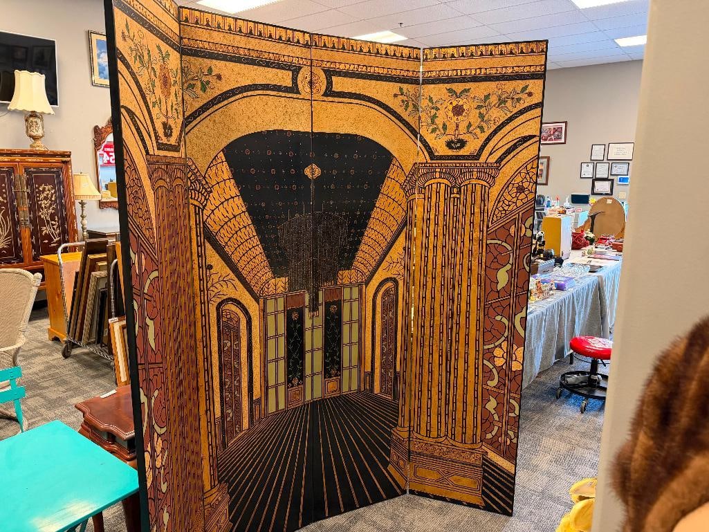 ELEGANT ART DECOR FOUR PANEL ARCHITECTURAL ILLUSION FOLDING ROOM SCREEN - 2