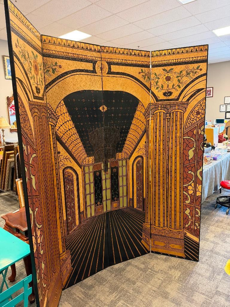 ELEGANT ART DECOR FOUR PANEL ARCHITECTURAL ILLUSION FOLDING ROOM SCREEN - 4
